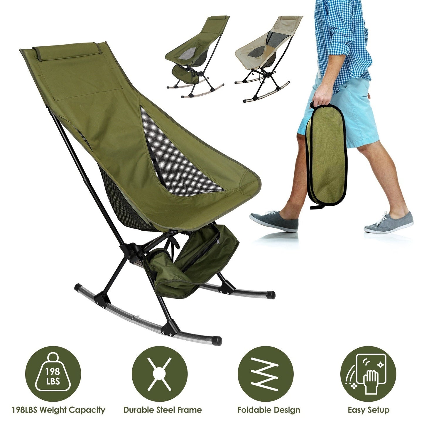 Portable Camping Rocking Chair (198 lb Capacity) – High - Back, Foldable, Carry Bag Included – Beige Camping Gear for Camping Furniture (6 view)