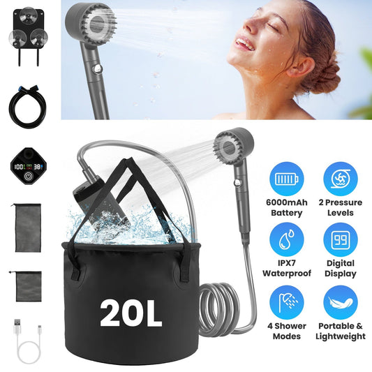 Portable Camping Shower Kit – Rechargeable Pump & 5.3 Gallon Bucket | Outdoor Adventure & Travel – Black Camping Gear for beach (1 view)