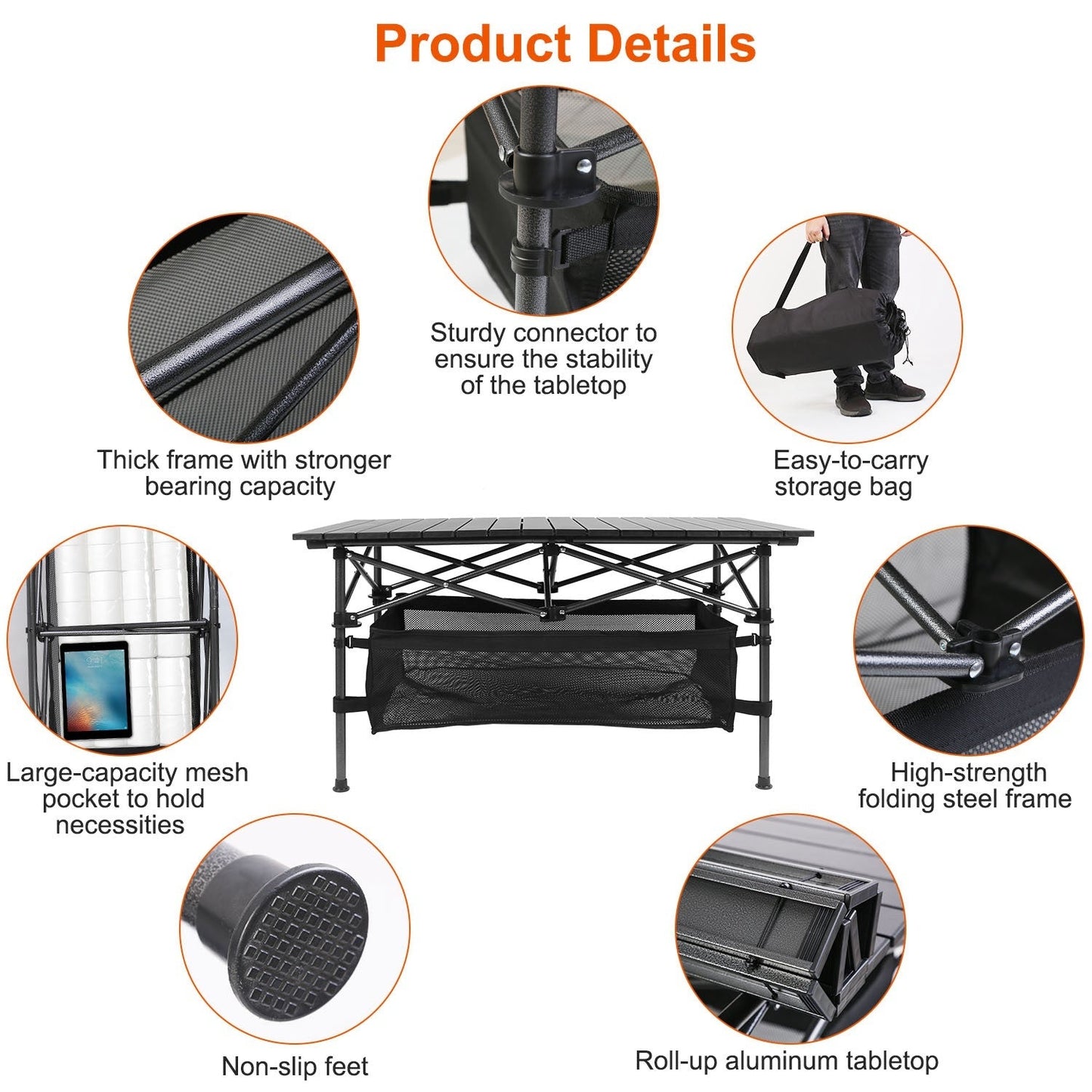 Portable Folding Camping Table – Lightweight Aluminum Roll - Up Picnic Desk with Carry Bag | Outdoor & BBQ – Black Camping Table for aluminum table (5 view)