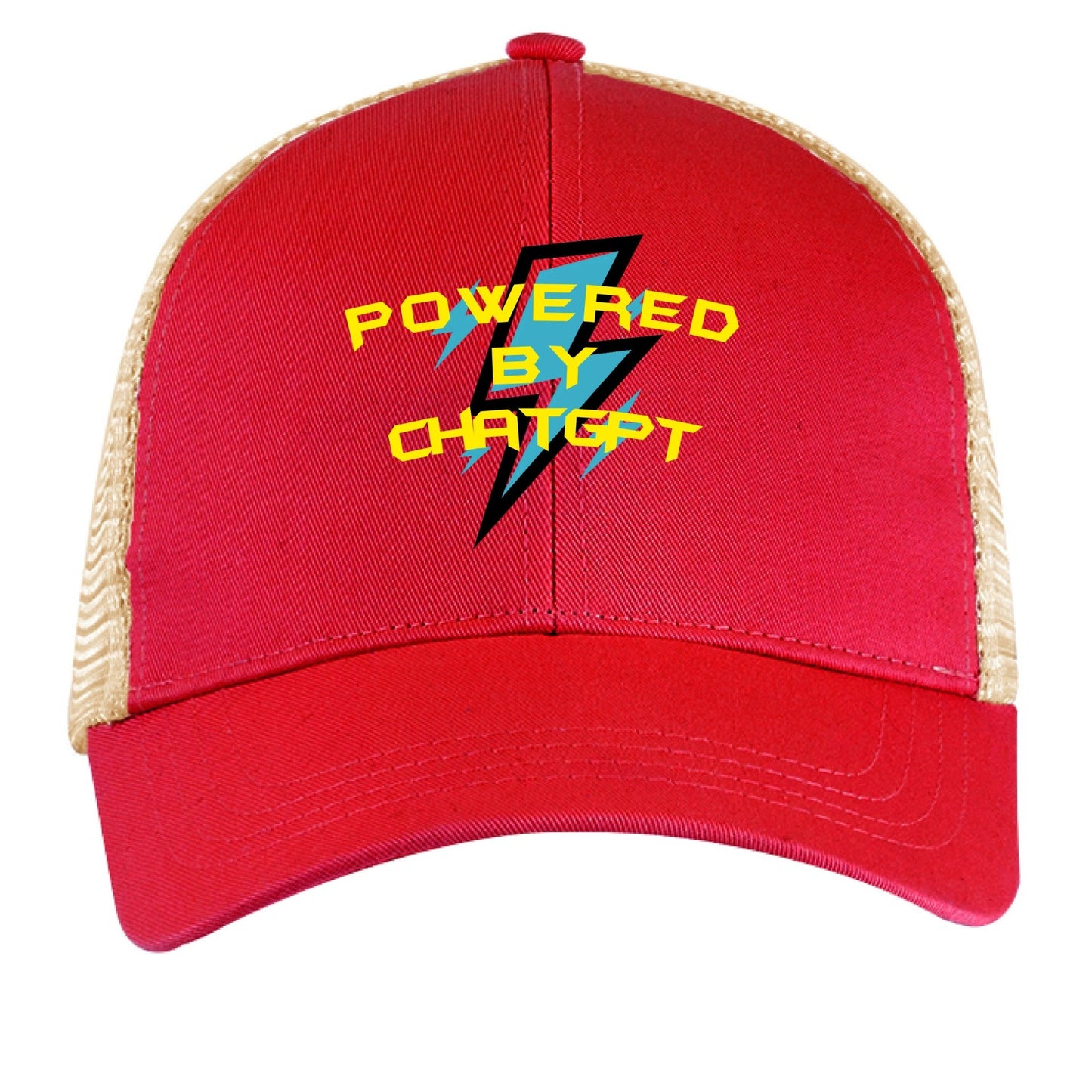 Powered by ChatGPT – AI Energy Hat for Creators & Hustlers | Clowns of E - Com Collection – RED / OYSTER Hats for AI Humor (3 view)
