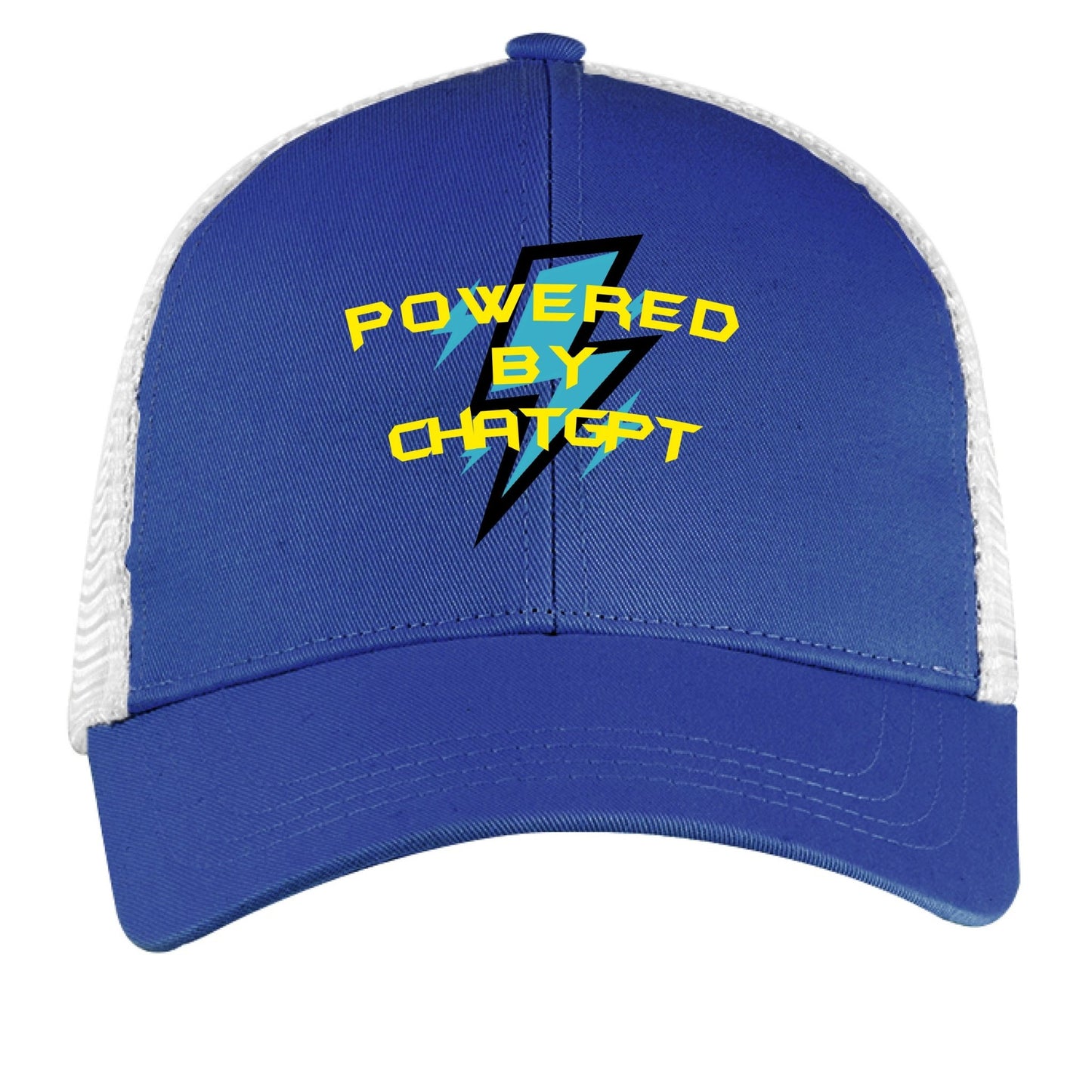 Powered by ChatGPT – AI Energy Hat for Creators & Hustlers | Clowns of E - Com Collection – ROYAL/ WHITE Hats for AI Humor (1 view)