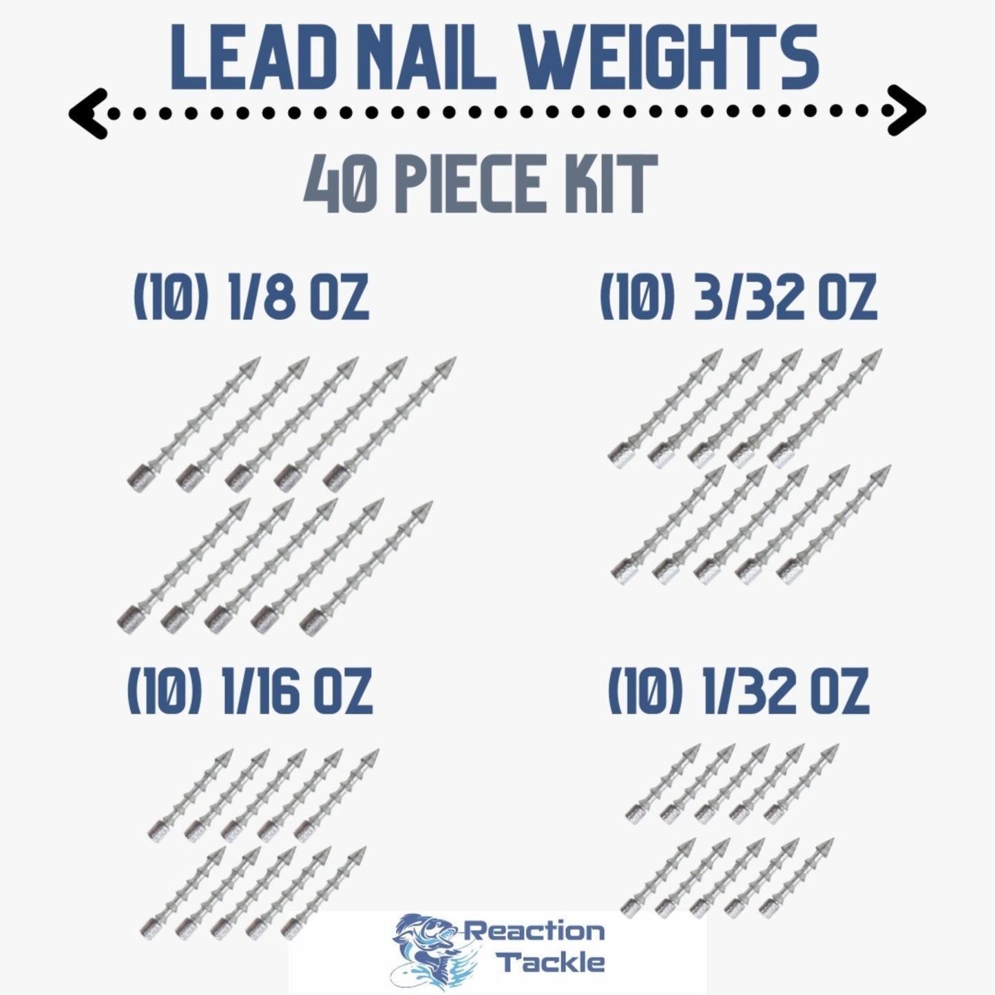 Reaction Tackle Lead Nail Weights/Insert Sinkers – 40 piece kit (10ea 1/8, 1/32, 1/16, 3/32) tungsten weights for fishing (11 view)