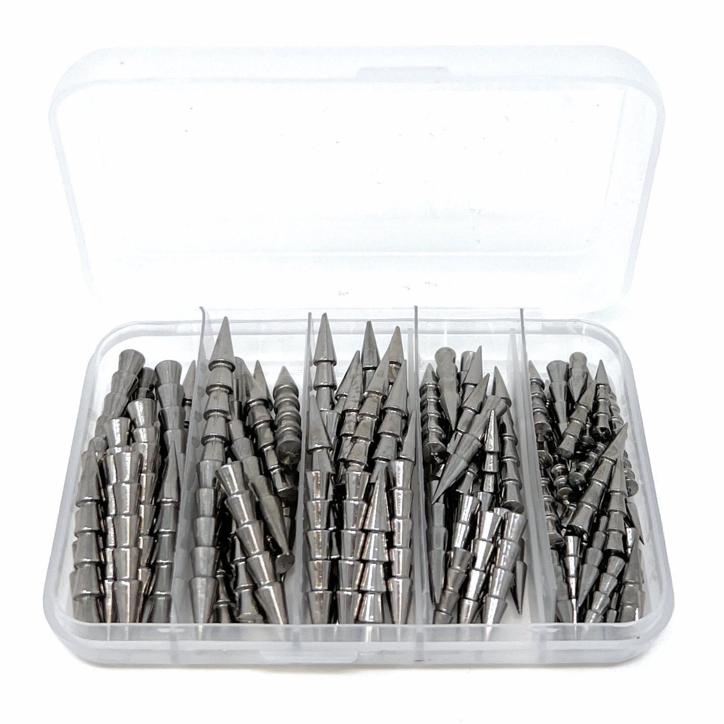 Reaction Tackle Tungsten Nail Weights/ Insert Sinkers – 100 Piece Kit (25ea 1/8 1/32 1/16 3/32) plus case tungsten weights for fishing (3 view)
