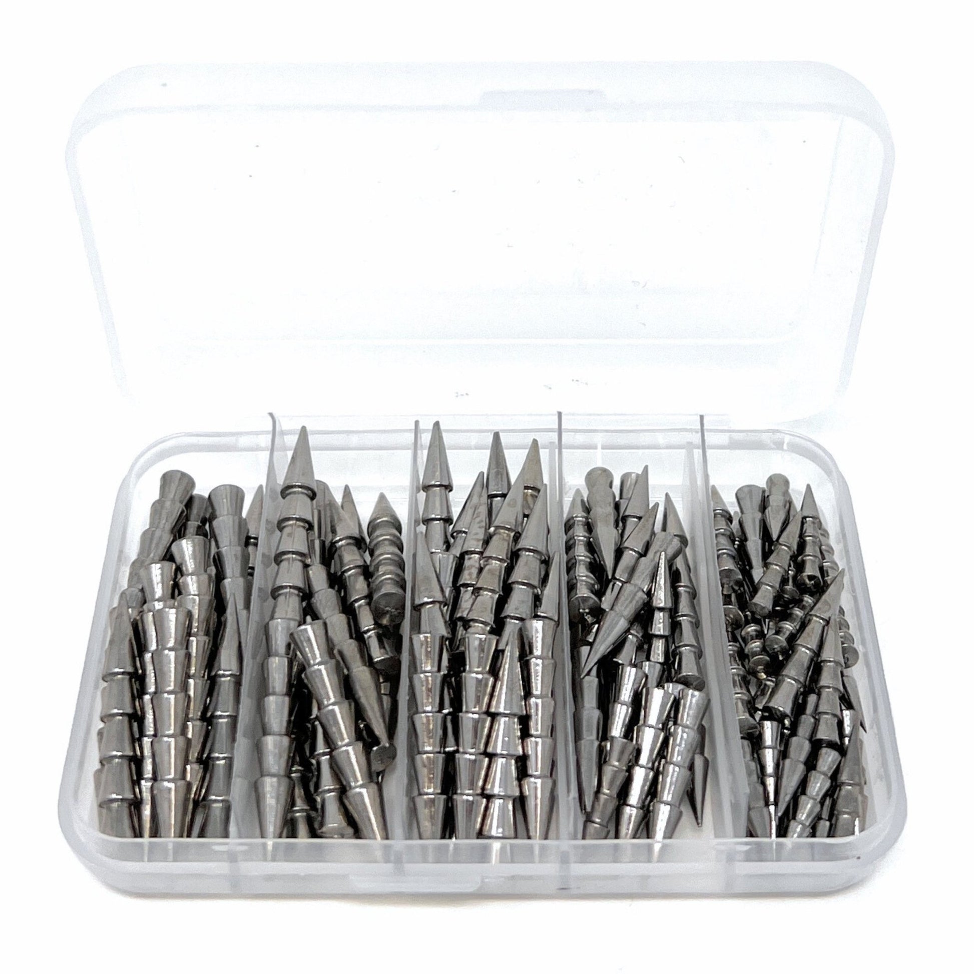 Reaction Tackle Tungsten Nail Weights/ Insert Sinkers – 100 Piece Kit (25ea 1/8 1/32 1/16 3/32) plus case tungsten weights for fishing (3 view)