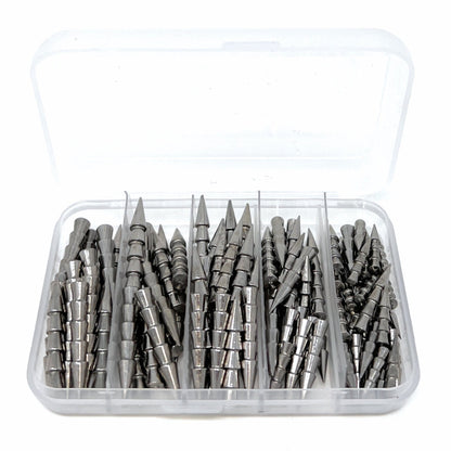 Reaction Tackle Tungsten Nail Weights/ Insert Sinkers – 100 Piece Kit (25ea 1/8 1/32 1/16 3/32) plus case tungsten weights for fishing (3 view)