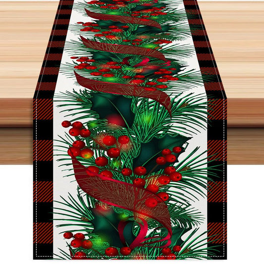 Red & Black Checkered Christmas Table Runner – 33×183cm with Red Fruit Print | Holiday Table Flag – Style 1 Holiday Decor for Buffalo Plaid (1 view)