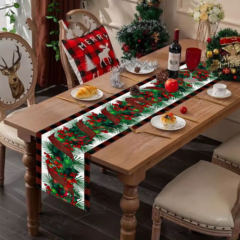 Red & Black Checkered Christmas Table Runner – 33×183cm with Red Fruit Print | Holiday Table Flag – Style 1 Holiday Decor for Buffalo Plaid (3 view)
