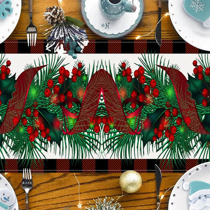 Red & Black Checkered Christmas Table Runner – 33×183cm with Red Fruit Print | Holiday Table Flag – Style 1 Holiday Decor for Buffalo Plaid (2 view)