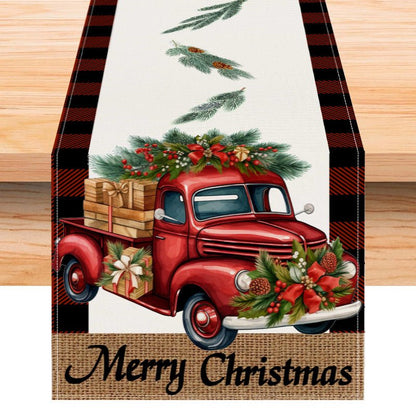 Red Car Buffalo Check Linen Table Runner – 33×183cm Christmas Table Flag | Holiday Living Room Décor – Style 1 Holiday Decor for Buffalo Plaid (1 view)