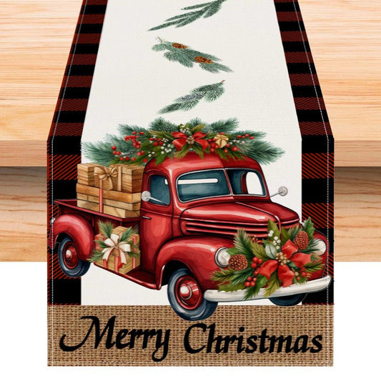Red Car Buffalo Check Linen Table Runner – 33×183cm Christmas Table Flag | Holiday Living Room Décor – Style 1 Holiday Decor for Buffalo Plaid (1 view)