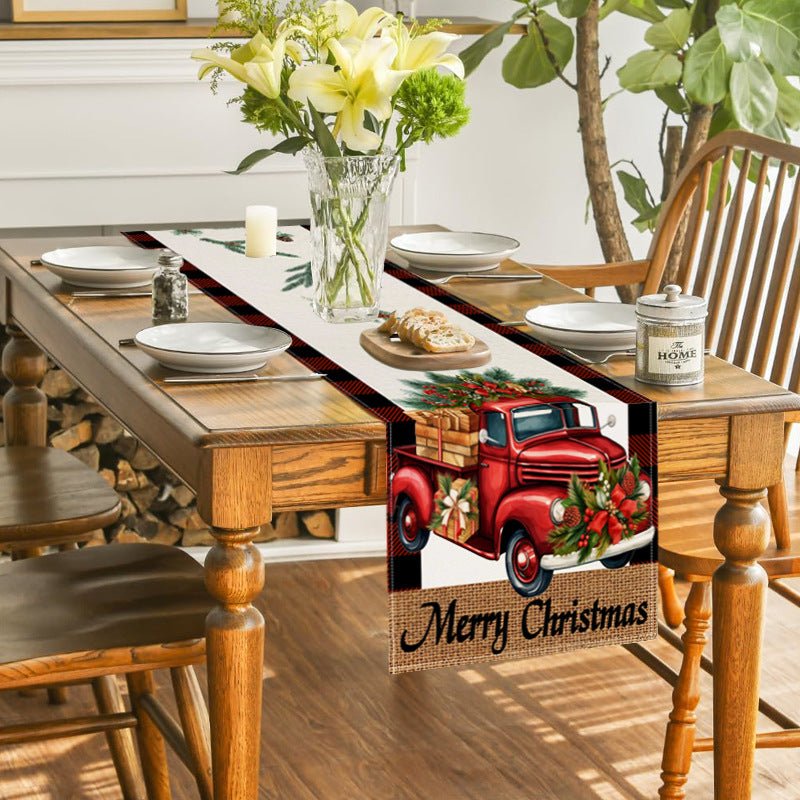 Red Car Buffalo Check Linen Table Runner – 33×183cm Christmas Table Flag | Holiday Living Room Décor – Style 1 Holiday Decor for Buffalo Plaid (4 view)