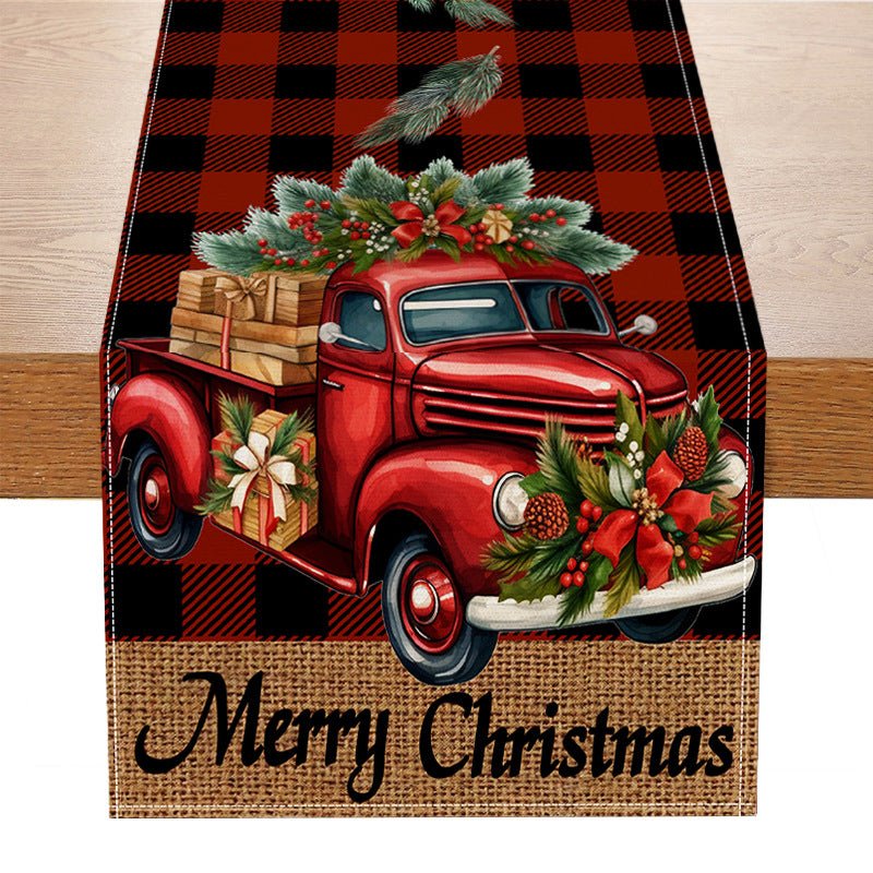 Red Car Buffalo Check Linen Table Runner – 33×183cm Christmas Table Flag | Holiday Living Room Décor – Style 4 Holiday Decor for Buffalo Plaid (9 view)