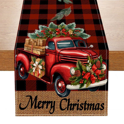 Red Car Buffalo Check Linen Table Runner – 33×183cm Christmas Table Flag | Holiday Living Room Décor – Style 4 Holiday Decor for Buffalo Plaid (9 view)