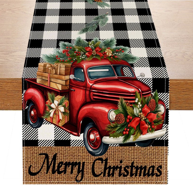 Red Car Buffalo Check Linen Table Runner – 33×183cm Christmas Table Flag | Holiday Living Room Décor – Style 3 Holiday Decor for Buffalo Plaid (8 view)