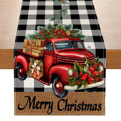 Red Car Buffalo Check Linen Table Runner – 33×183cm Christmas Table Flag | Holiday Living Room Décor – Style 3 Holiday Decor for Buffalo Plaid (8 view)