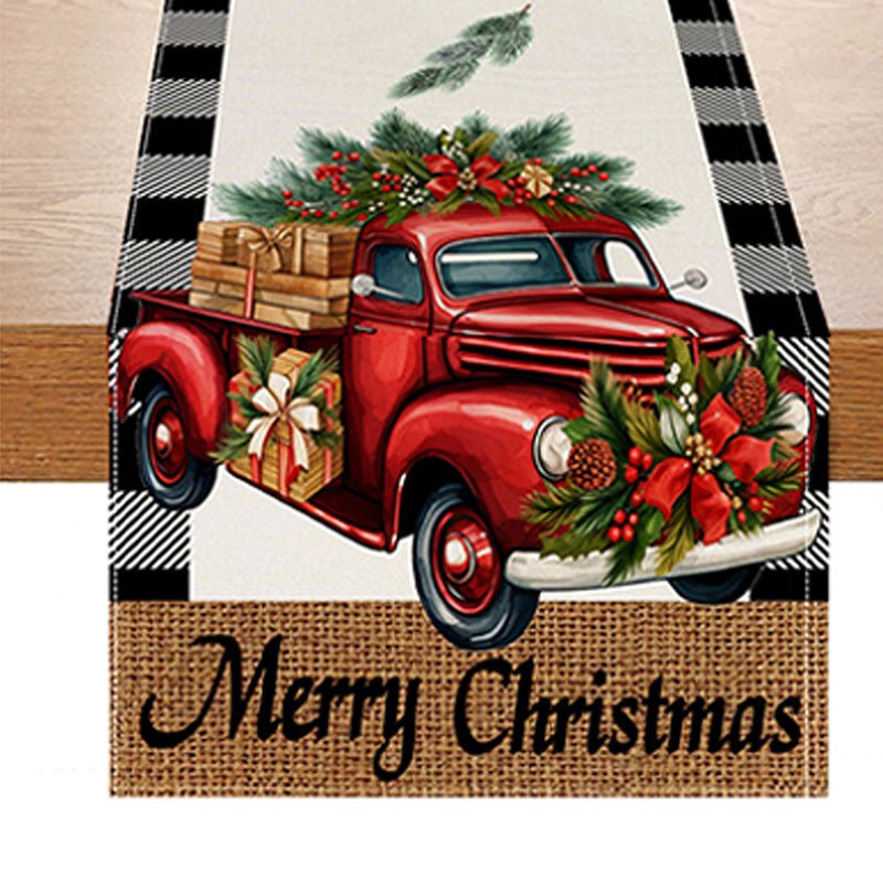Red Car Buffalo Check Linen Table Runner – 33×183cm Christmas Table Flag | Holiday Living Room Décor – Style 1 Holiday Decor for Buffalo Plaid (6 view)