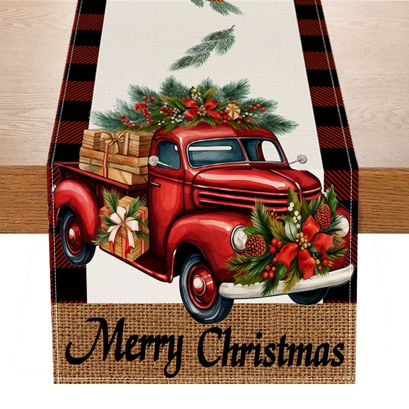 Red Car Buffalo Check Linen Table Runner – 33×183cm Christmas Table Flag | Holiday Living Room Décor – Style 2 Holiday Decor for Buffalo Plaid (7 view)