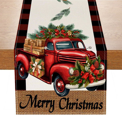 Red Car Buffalo Check Linen Table Runner – 33×183cm Christmas Table Flag | Holiday Living Room Décor – Style 2 Holiday Decor for Buffalo Plaid (7 view)