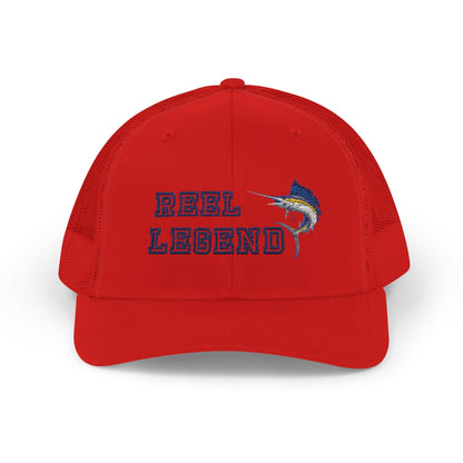 Reel Legend Snapback Trucker Cap | Fishing Hat, Outdoor Gear, Gift for Anglers, Casual Wear, Summer Accessory – Red Hats by Printify