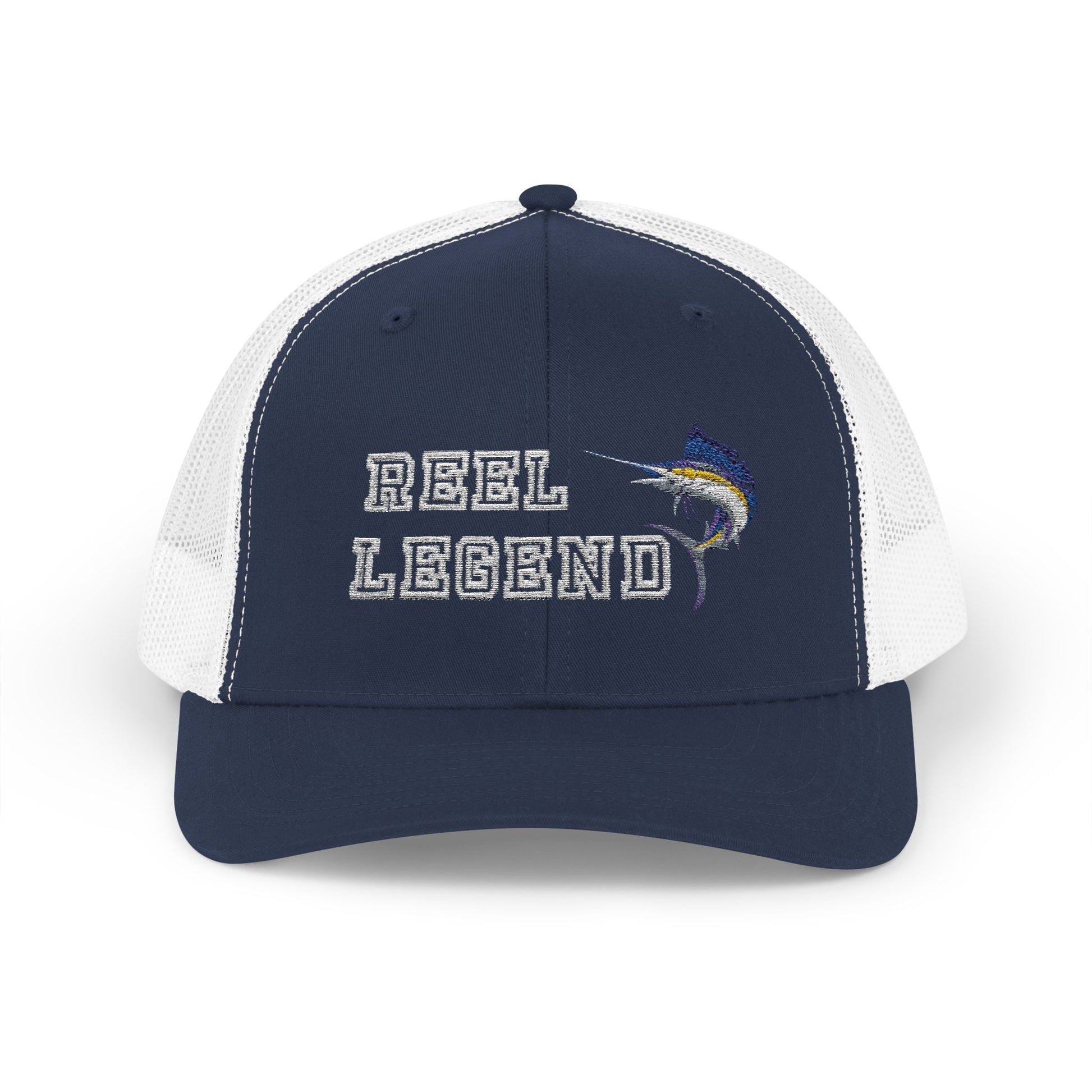 Reel Legend Snapback Trucker Cap White Text | Fishing Hat, Outdoor Gear, Gift for Anglers, Casual Wear, Summer Accessory – Navy / White Hats for beach wear (15 view)