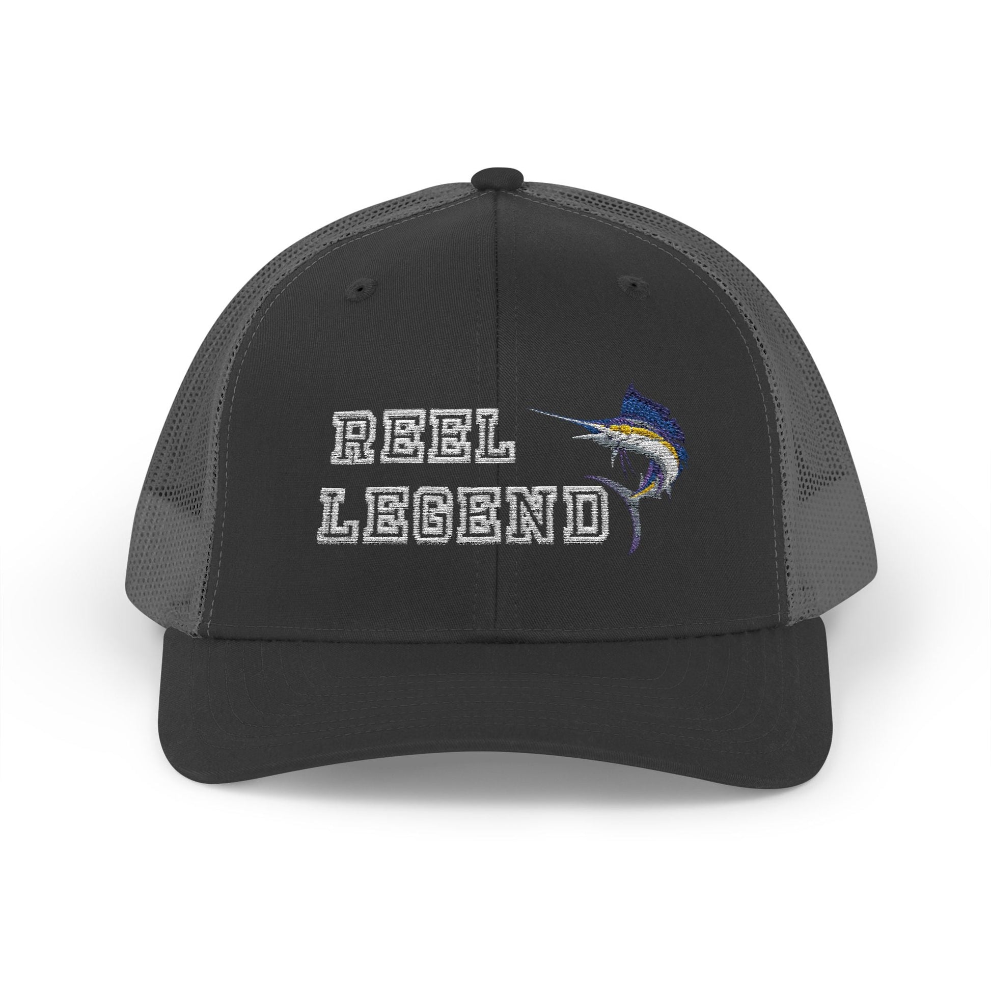 Reel Legend Snapback Trucker Cap White Text | Fishing Hat, Outdoor Gear, Gift for Anglers, Casual Wear, Summer Accessory – Black / Charcoal Hats for beach wear (5 view)