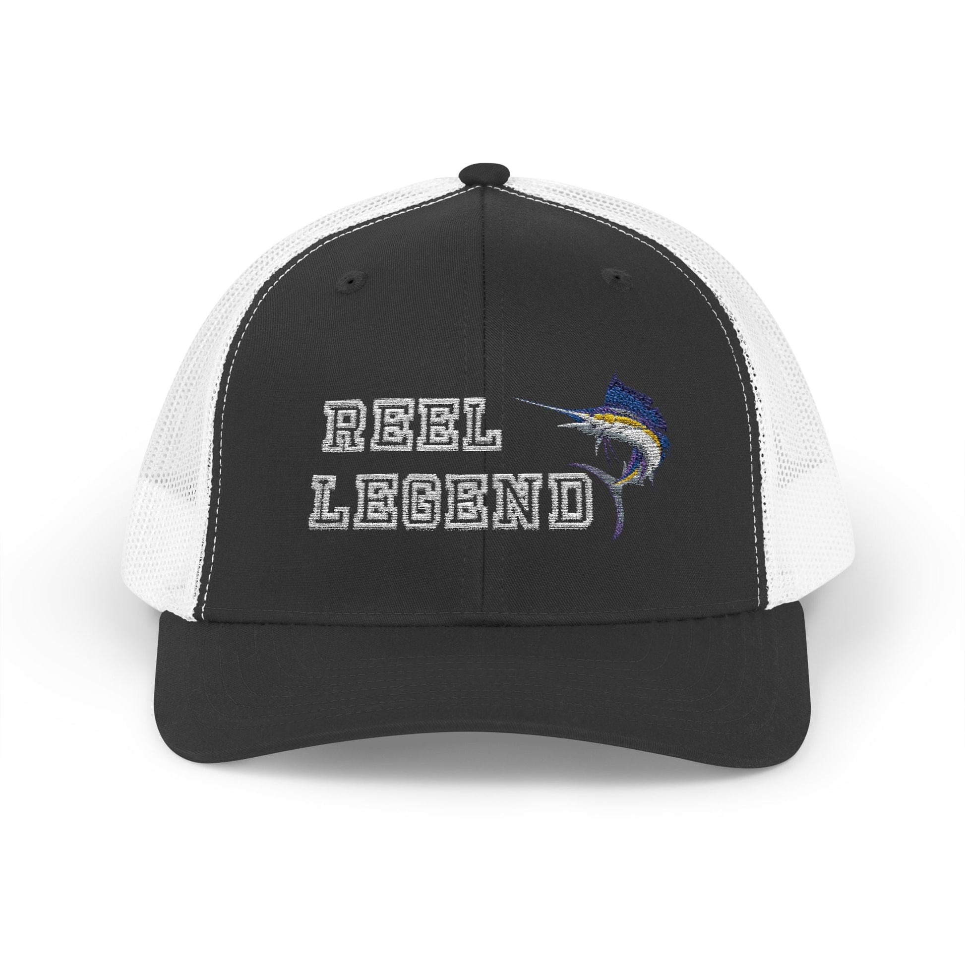 Reel Legend Snapback Trucker Cap White Text | Fishing Hat, Outdoor Gear, Gift for Anglers, Casual Wear, Summer Accessory – Black / White Hats for beach wear (7 view)