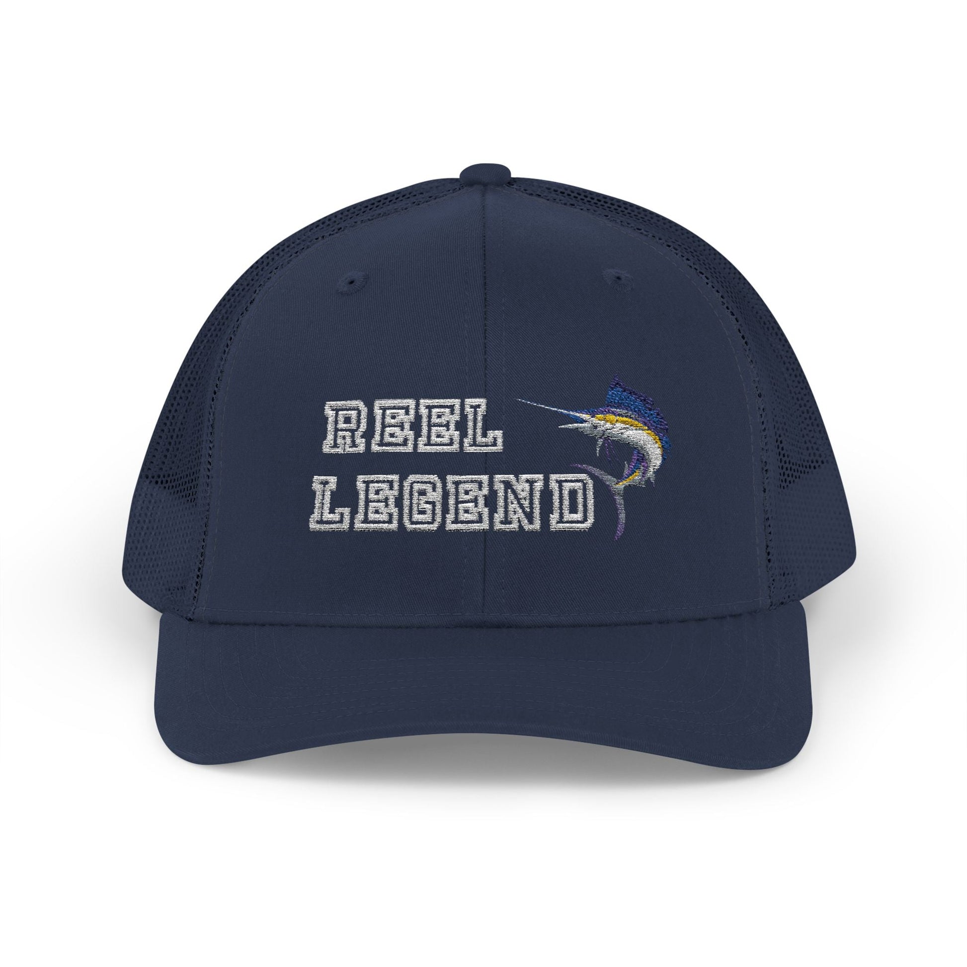 Reel Legend Snapback Trucker Cap White Text | Fishing Hat, Outdoor Gear, Gift for Anglers, Casual Wear, Summer Accessory – Navy Hats for beach wear (13 view)