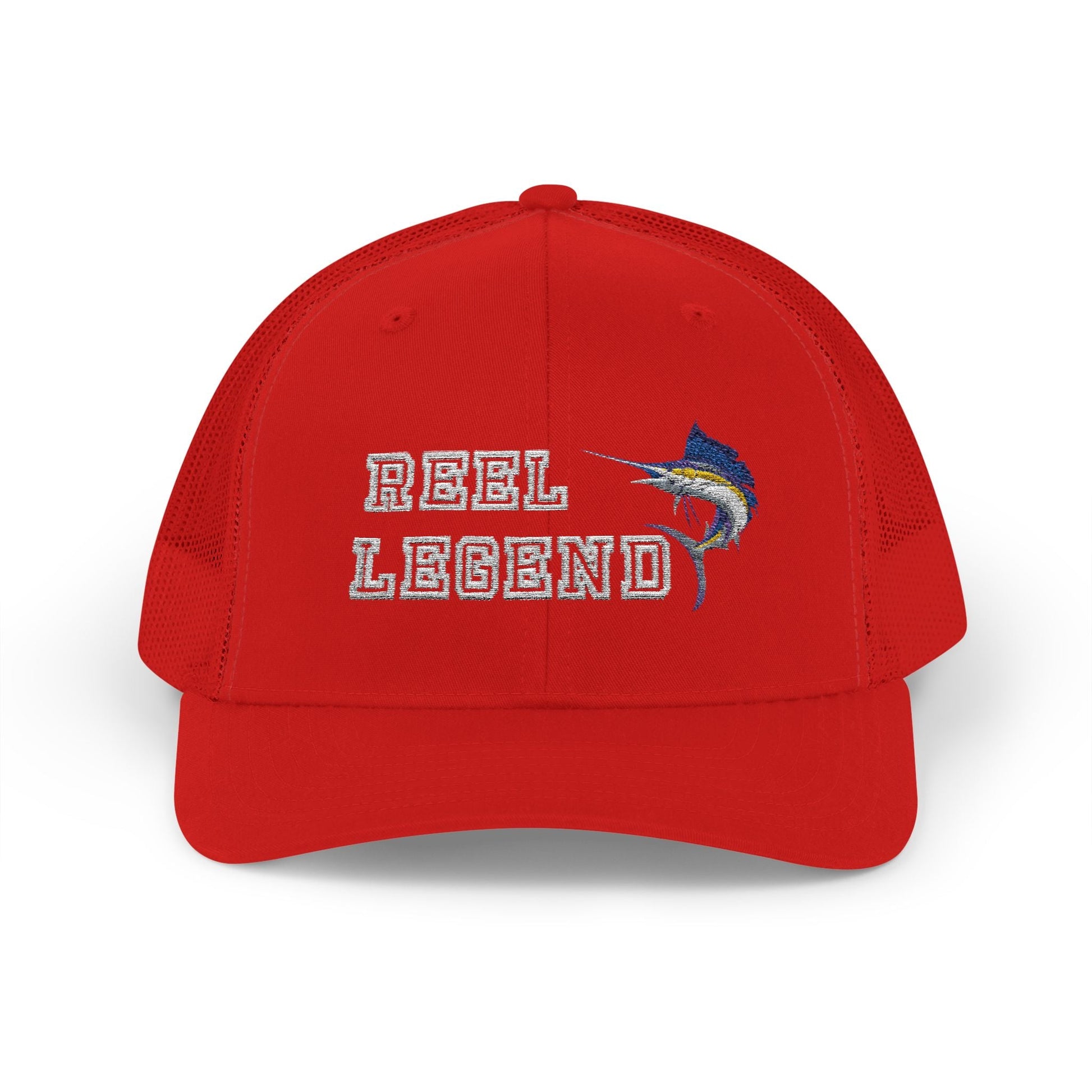 Reel Legend Snapback Trucker Cap White Text | Fishing Hat, Outdoor Gear, Gift for Anglers, Casual Wear, Summer Accessory – Red Hats for beach wear (1 view)