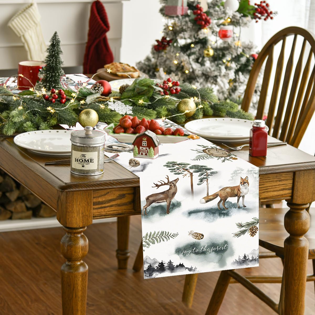 Reindeer & Fox Linen Christmas Table Runner – 33×183cm Holiday Tea & Coffee Table Flag – Style 1 Holiday Decor for christmas (4 view)