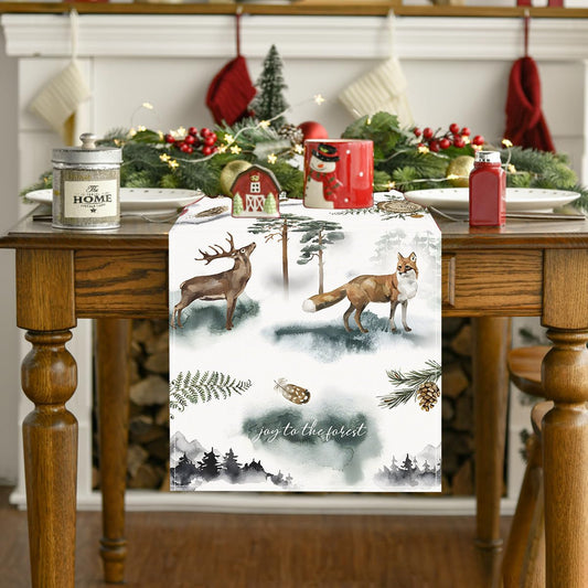 Reindeer & Fox Linen Christmas Table Runner – 33×183cm Holiday Tea & Coffee Table Flag – Style 1 Holiday Decor for christmas (2 view)