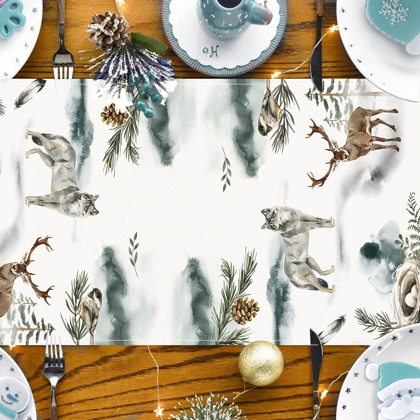 Reindeer & Fox Linen Christmas Table Runner – 33×183cm Holiday Tea & Coffee Table Flag – Style 1 Holiday Decor for christmas (3 view)