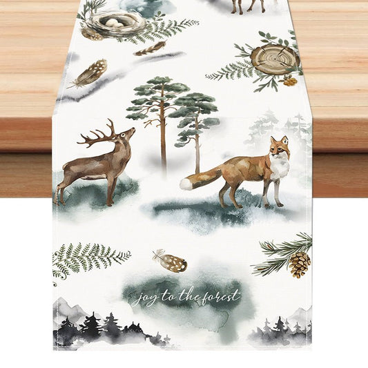 Reindeer & Fox Linen Christmas Table Runner – 33×183cm Holiday Tea & Coffee Table Flag – Style 1 Holiday Decor for christmas (1 view)