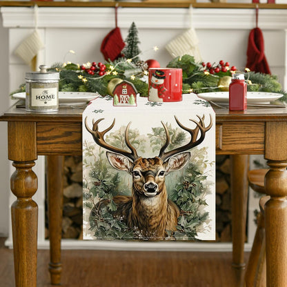 Reindeer & Snowflake Linen Table Runner – 33×183cm Holiday Table Flag | Christmas Table Décor – Style 1 Holiday Decor for christmas (3 view)