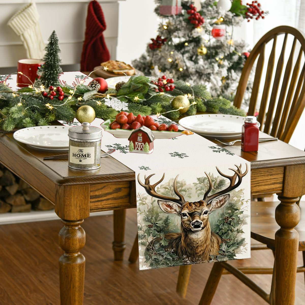 Reindeer & Snowflake Linen Table Runner – 33×183cm Holiday Table Flag | Christmas Table Décor – Style 1 Holiday Decor for christmas (4 view)