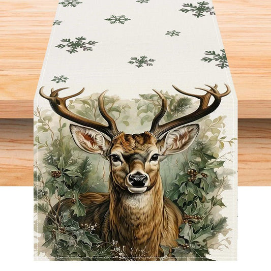 Reindeer & Snowflake Linen Table Runner – 33×183cm Holiday Table Flag | Christmas Table Décor – Style 1 Holiday Decor for christmas (1 view)