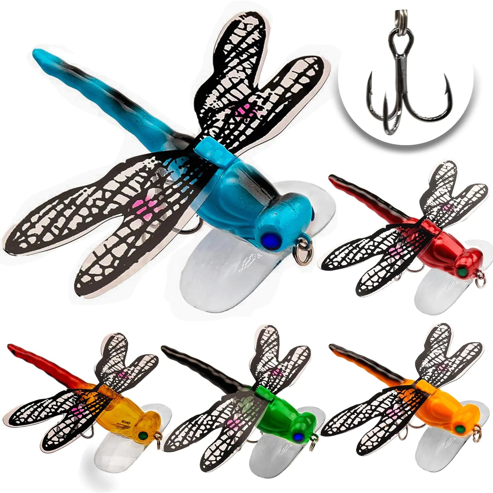 Bass & Trout Lure Set – Topwater & Sinking Mixed Baits with Hooks | 6PCS Realistic Fishing Kit – 5Pcs 20g Dragonfly Lures