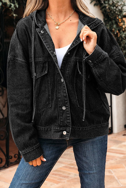Sage Pocket Drop Shoulder Hooded Denim Jacket – Black Outerwear/Denim jackets for Shopify Collective (7 view)