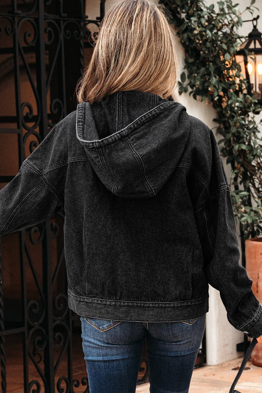 Sage Pocket Drop Shoulder Hooded Denim Jacket – Black Outerwear/Denim jackets for Shopify Collective (2 view)