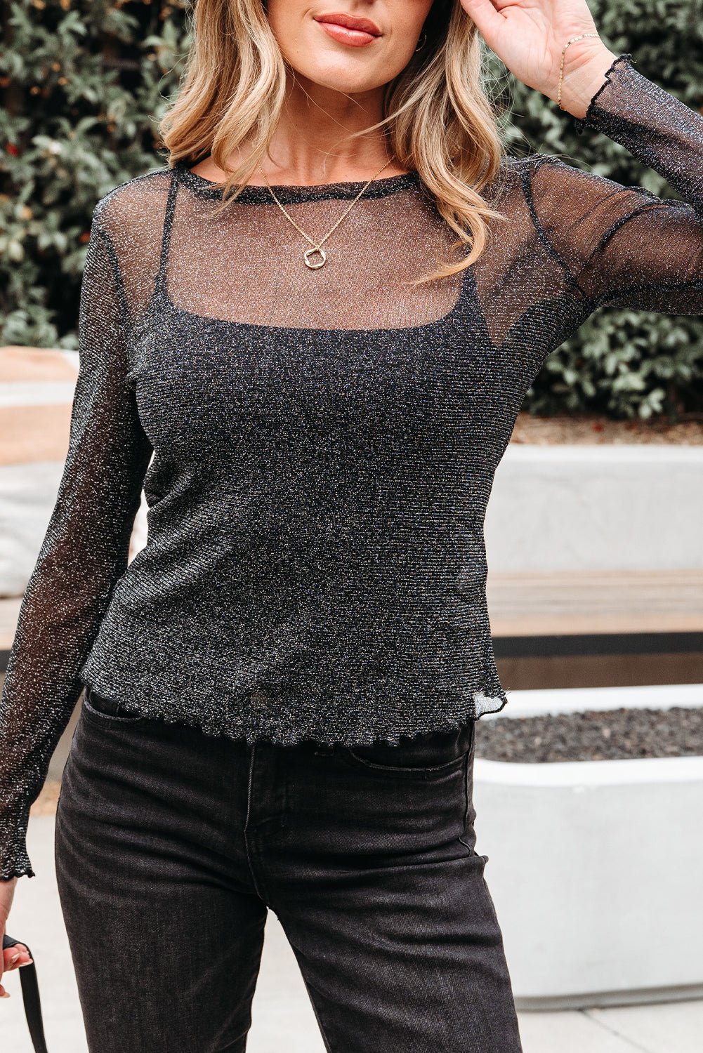 Serenity Metallic Glitter Mesh Long Sleeve Top – Black Tops/Long Sleeve Tops for Shopify Collective (5 view)