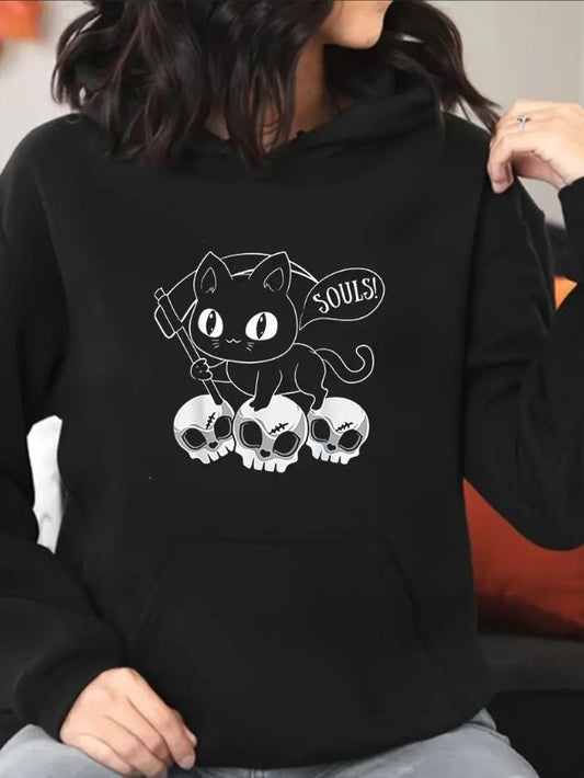 Skeleton Cat Soul Stealer Hoodie – Spooky, Soft & Sinister | Halloween Apparel – Black Women's Top for cat (1 view)