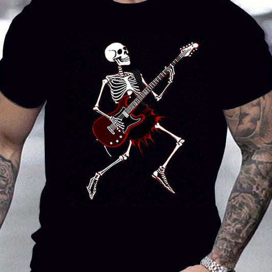 Skull Guitar T-Shirt – Men's Retro Rocker Tee for Casual & Halloween Style | Short Sleeve Streetwear – Black Mens Top for Best Sellers (1 view)