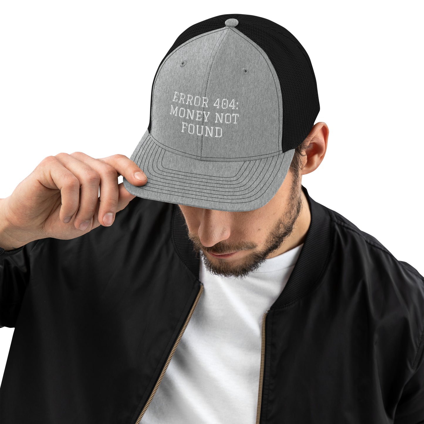 ERROR 404: MONEY NOT FOUND Trucker Cap I Embroidered – Heather Grey / Black Hats for lot lizards designs (30 view)