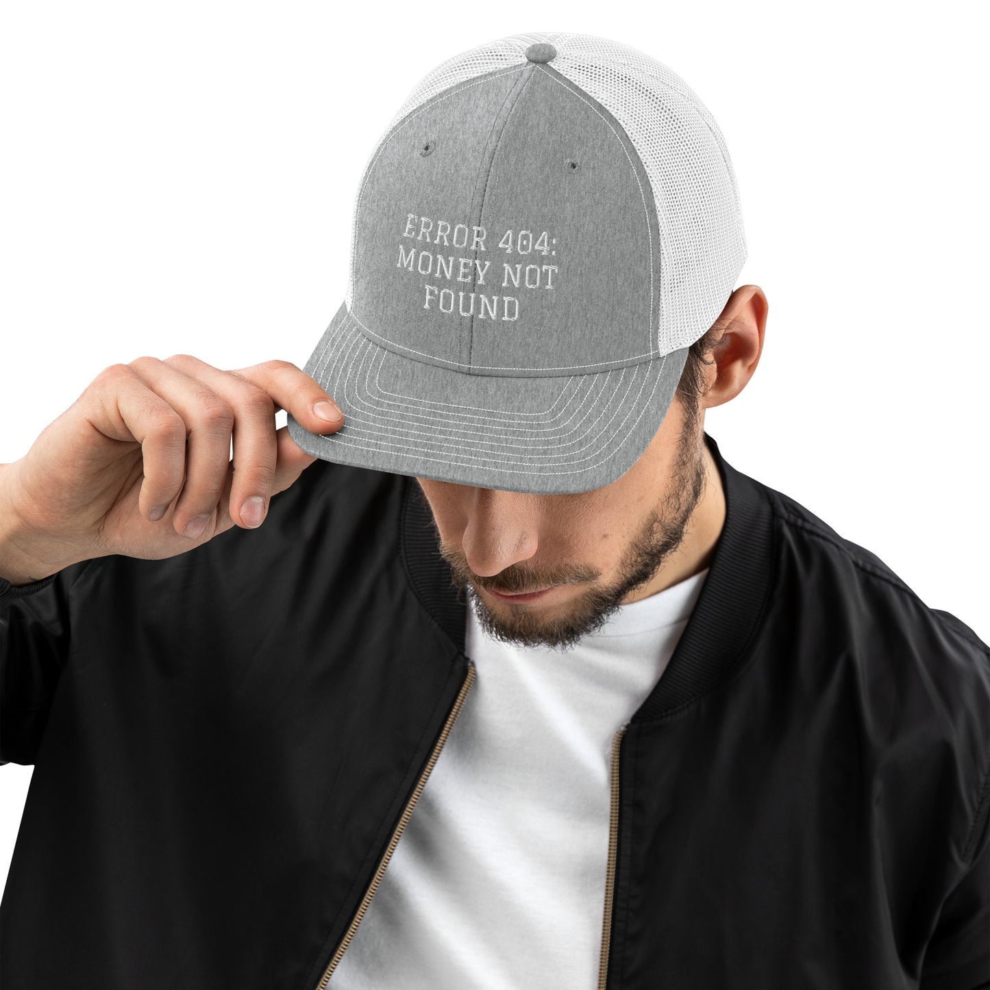 ERROR 404: MONEY NOT FOUND Trucker Cap I Embroidered – Heather Grey/White Hats for lot lizards designs (26 view)