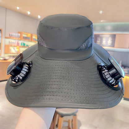 Solar Fan Hat – Wide - Brim Cooling Bucket Cap with Dual Power | Outdoor Fishing & Hiking Gear – Gray Hats for Apparel and Accessories (2 view)