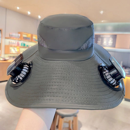 Solar Fan Hat – Wide - Brim Cooling Bucket Cap with Dual Power | Outdoor Fishing & Hiking Gear – Gray Hats for Apparel and Accessories (2 view)