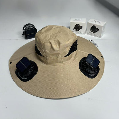 Solar Fan Hat – Wide - Brim Cooling Bucket Cap with Dual Power | Outdoor Fishing & Hiking Gear – khaki Hats for Apparel and Accessories (3 view)