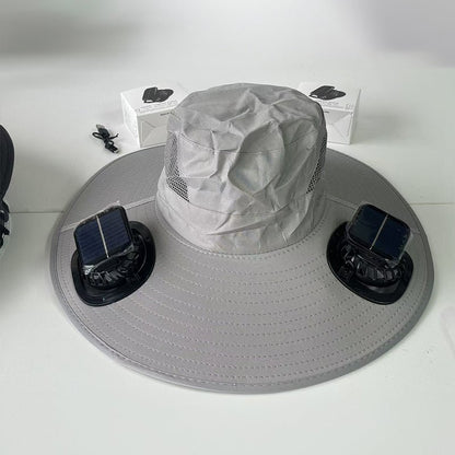 Solar Fan Hat – Wide - Brim Cooling Bucket Cap with Dual Power | Outdoor Fishing & Hiking Gear – Light gray Hats for Apparel and Accessories (4 view)