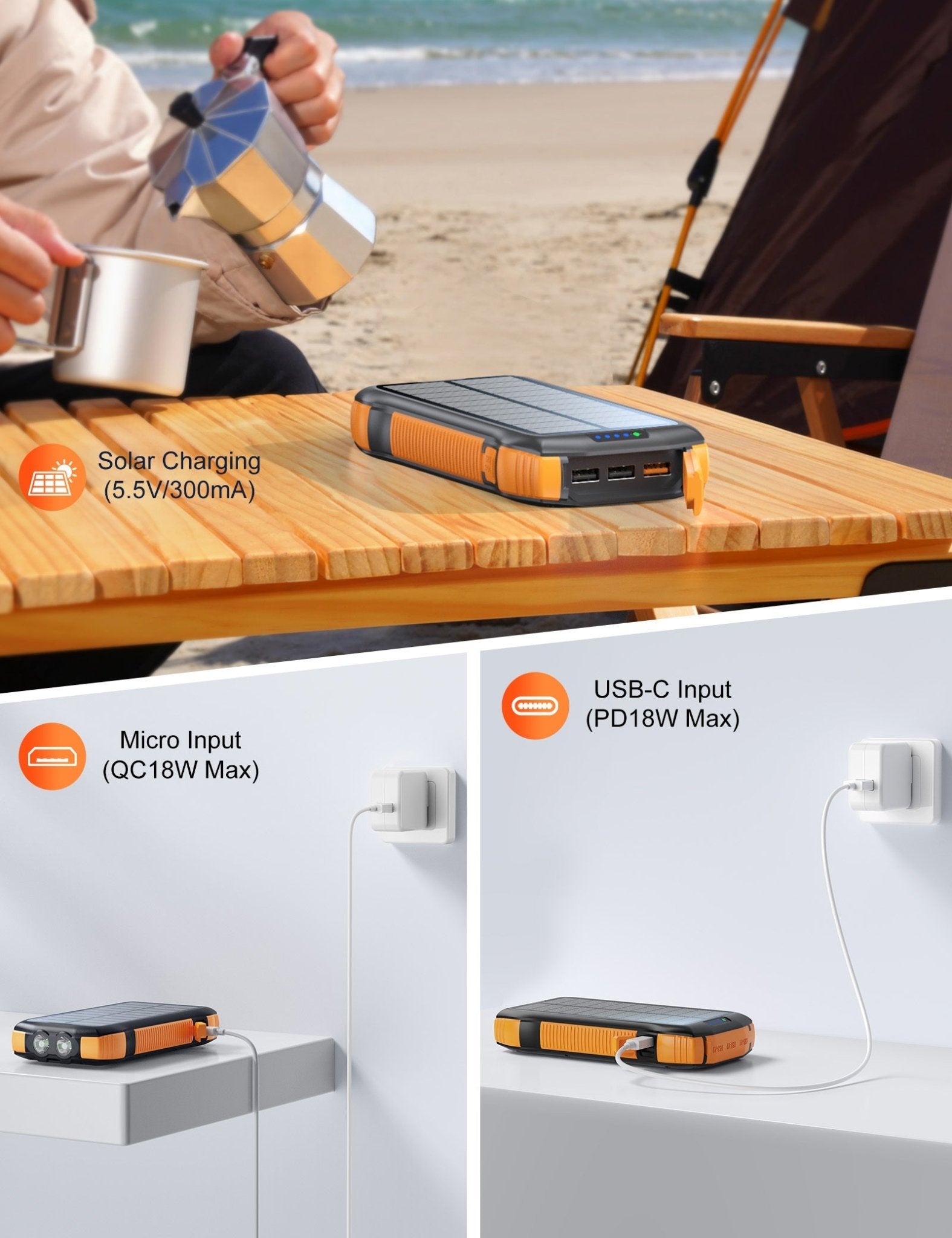 Solar Power Bank 20,000mAh – IP67, Dual - Mode Fast Charge | 3 - Port + Wireless – As shown in the picture Camping Gear for 20000mAh (4 view)