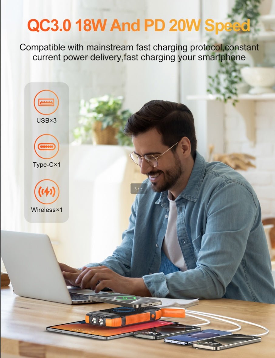 Solar Power Bank 20,000mAh – IP67, Dual - Mode Fast Charge | 3 - Port + Wireless – As shown in the picture Camping Gear for 20000mAh (5 view)