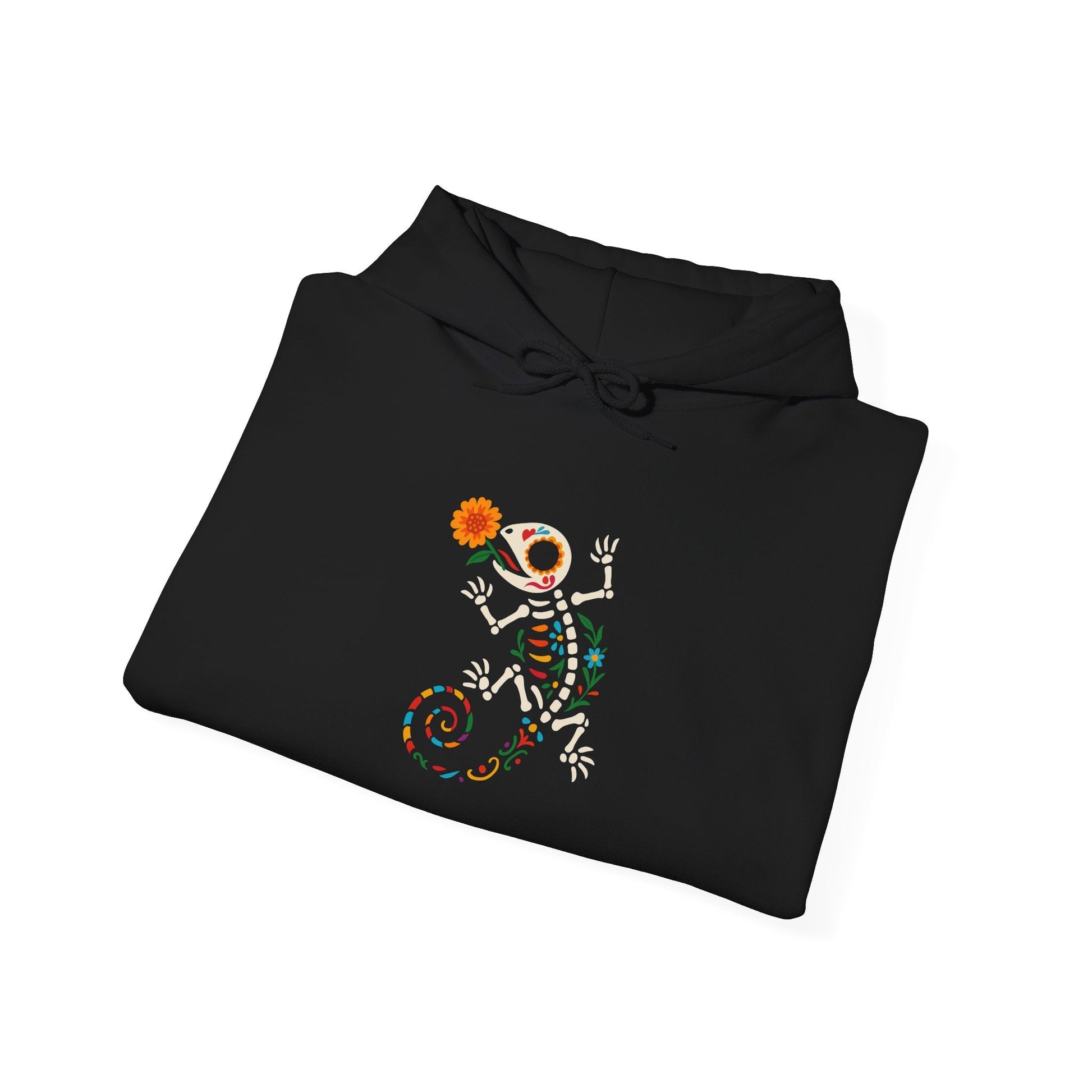 Sugar Skull Lizard Hooded Sweatshirt – Floral Skeleton Charm with Day of the Dead Vibes | Lizard Designs – S Hoodie by Printify